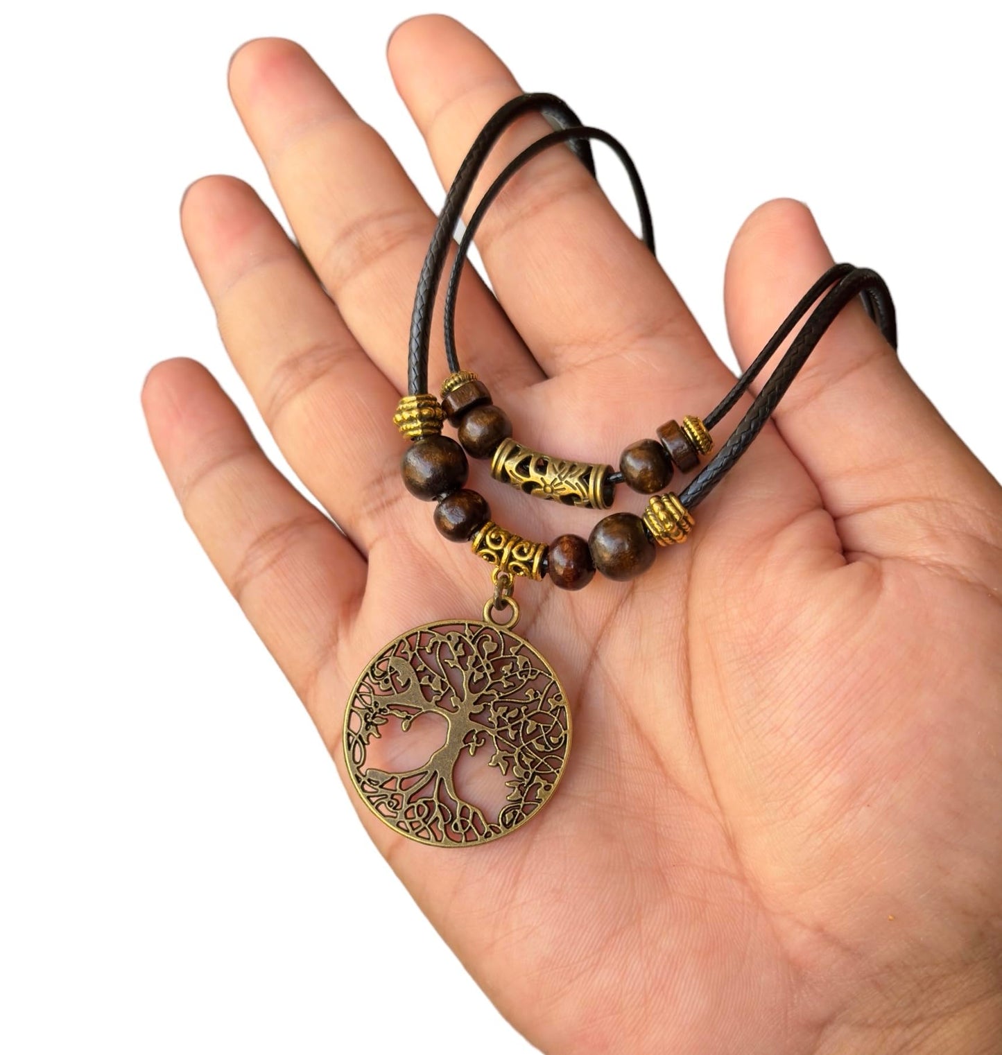 Double Layer Tree of Life Pendant Necklace Wood Beaded Jewelry Gifts for Mens Womens Wife Her Daughter Mom Grandma