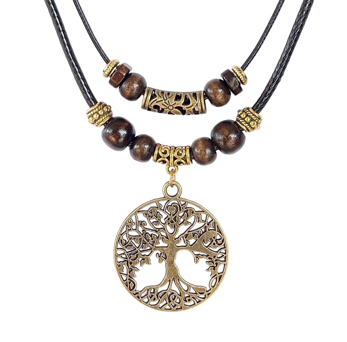 Double Layer Tree of Life Pendant Necklace Wood Beaded Jewelry Gifts for Mens Womens Wife Her Daughter Mom Grandma