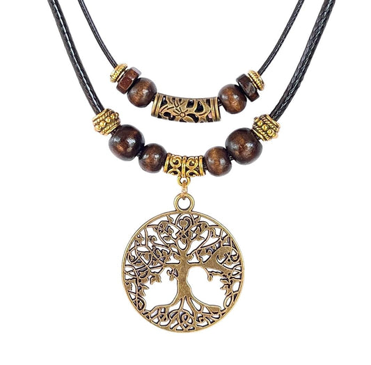 Double Layer Tree of Life Pendant Necklace Wood Beaded Jewelry Gifts for Mens Womens Wife Her Daughter Mom Grandma