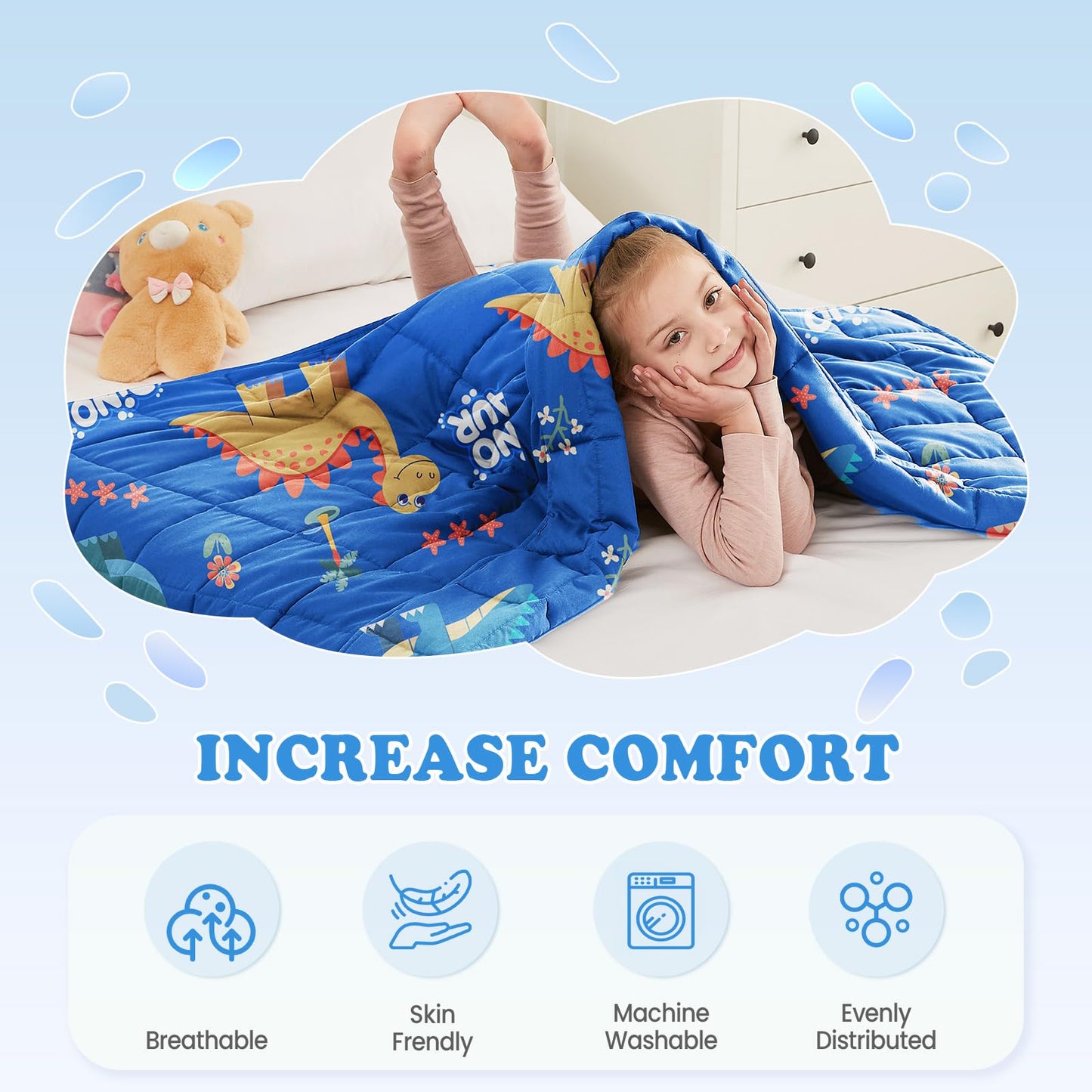 HOSUKKO Weighted Blanket - 10 lbs Blue Dinosaur Heavy Lap Indoor - Breathable Blanket(50 * 60 inches, 10 lbs)