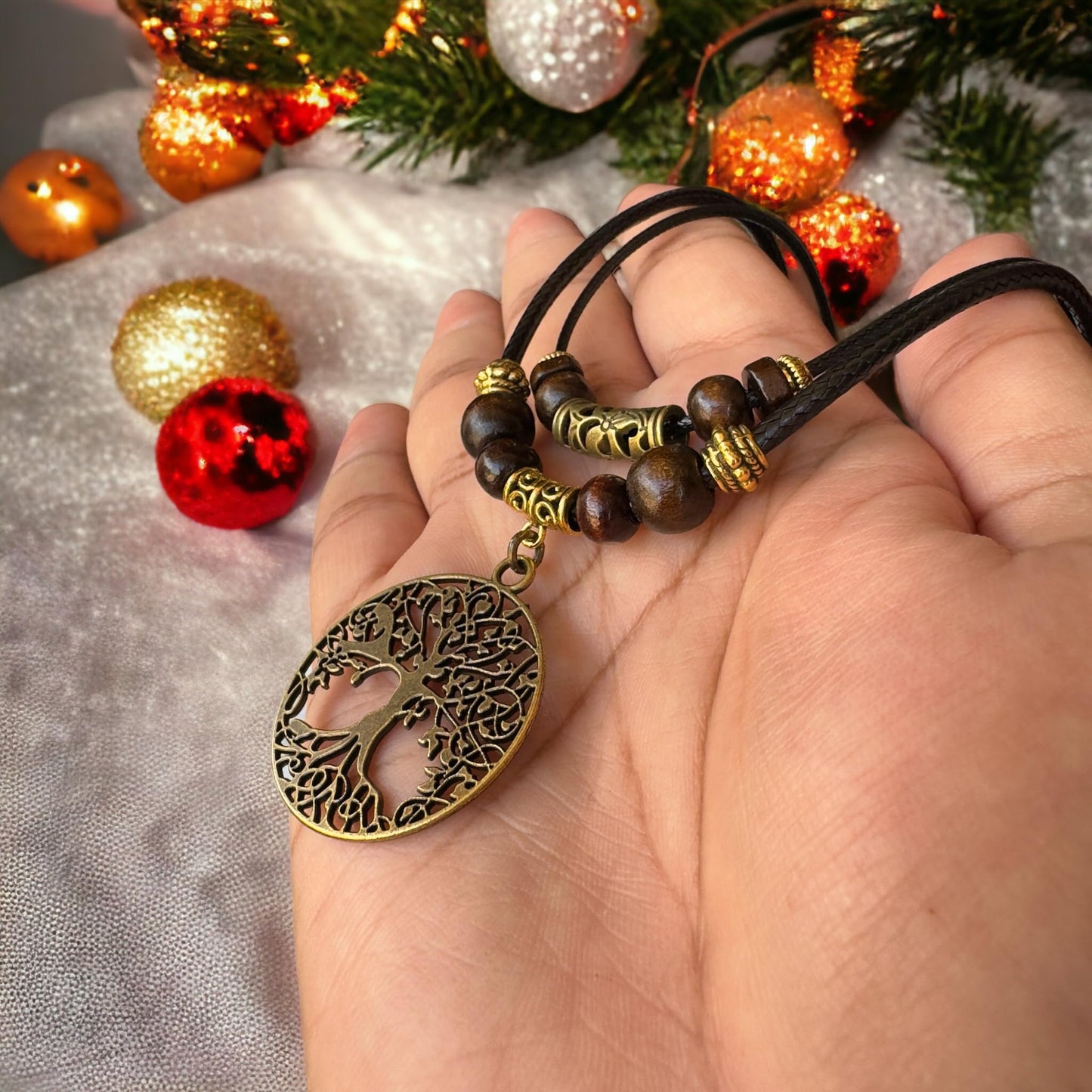 Double Layer Tree of Life Pendant Necklace Wood Beaded Jewelry Gifts for Mens Womens Wife Her Daughter Mom Grandma