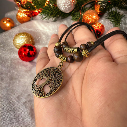 Double Layer Tree of Life Pendant Necklace Wood Beaded Jewelry Gifts for Mens Womens Wife Her Daughter Mom Grandma