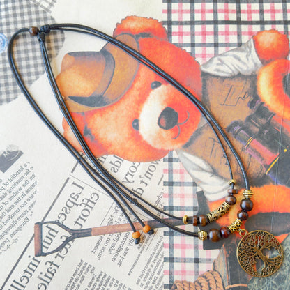Double Layer Tree of Life Pendant Necklace Wood Beaded Jewelry Gifts for Mens Womens Wife Her Daughter Mom Grandma