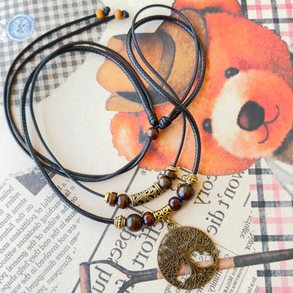 Double Layer Tree of Life Pendant Necklace Wood Beaded Jewelry Gifts for Mens Womens Wife Her Daughter Mom Grandma